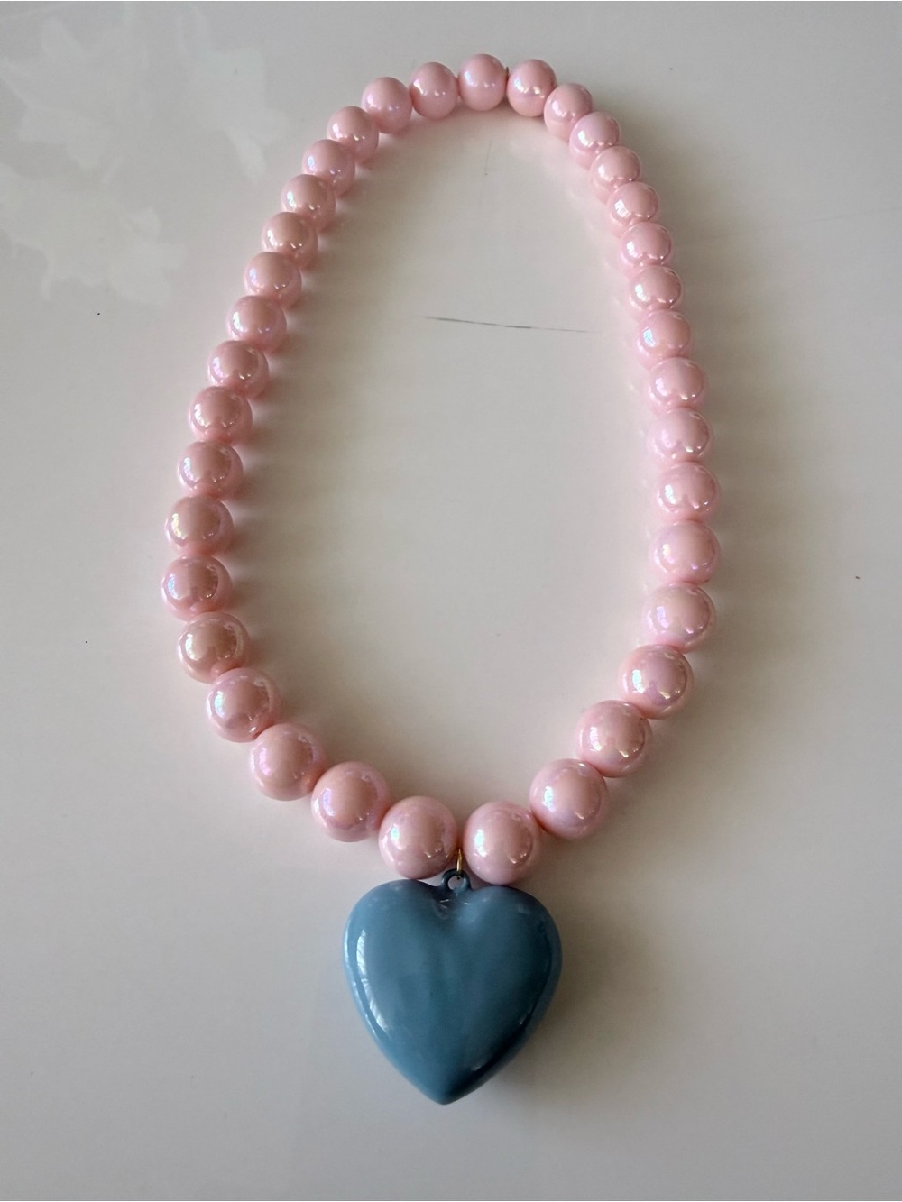 Hand Crafted Pink Beaded Necklace with Blue Heart Pendant